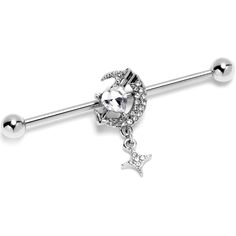 Product Details14 Gauge Clear Gem Moon Lover Dangle Industrial Barbell 38mm Fall in love with the night sky when you're rocking this 14 gauge helix barbell. It's made with a 1 1/2 inch 316L surgical grade stainless steel straight barbell with 5mm ball ends. It features a crescent moon charm, paved with clear gems. Nestled in the curve of the moon is a clear gem heart, pierced with an arrow embellishment and also features an embellished star dangle. You can even slide it up and down the length of Silver Stainless Steel Curved Barbell Jewelry, Types Of Ear Piercings, Moon Lover, Barbell Earrings, Industrial Barbell, Daith Piercing, Moon Lovers, Ear Candy, Moon Charm