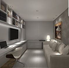 a living room filled with lots of furniture next to a wall mounted flat screen tv