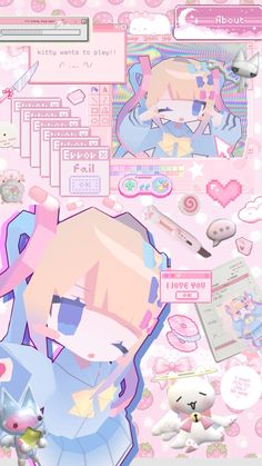 an anime character is surrounded by stickers and other things on the wall, including a pink background