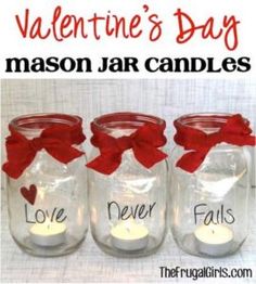 three mason jar candles with red bows on them and the words love, never falls