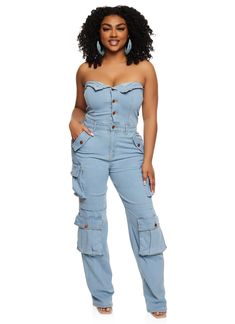 Daisy Strapless Cargo Denim Jumpsuit Casual Strapless Denim Jumpsuit With Pockets, Casual Medium Wash Strapless Denim Jumpsuit, Casual High Rise Strapless Denim Jumpsuit, Casual Strapless Denim Jumpsuit, Casual Denim Strapless Jumpsuit, Casual Strapless Denim Blue Jumpsuit, Casual Denim Strapless Jumpsuit In Medium Wash, High Rise Blue Denim Strapless Jumpsuit, Blue Denim Strapless Casual Jumpsuit