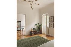 a living room filled with furniture and a green rug on top of a hard wood floor