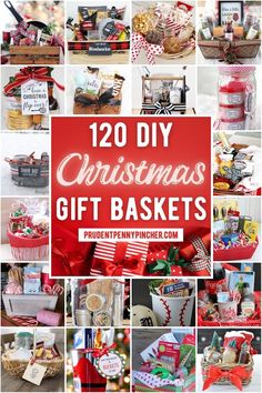 twelve christmas gift baskets with the words, 120 diy christmas gifts in red and white