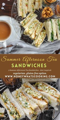 sandwiches and tea on a table with the title summer afternoon tea sandwiches written in english