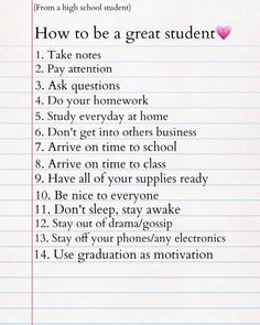 a sheet of lined paper with the words how to be a great student