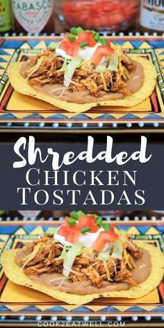 shredded chicken tostadas with sauce and tomatoes on top