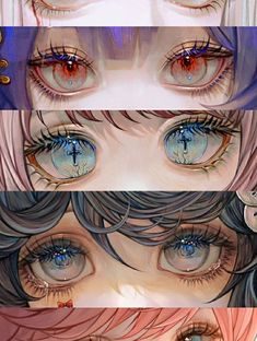 four different anime eyes with blue and pink hair, one in the middle is staring at something