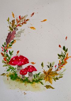 a watercolor painting of mushrooms and leaves