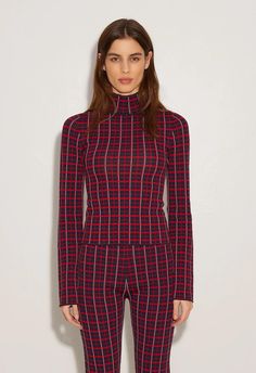 Roh Top In Red Plaid Collar Details, Fall 23, Simon Miller, Style Aesthetic, Mock Neck Top, Dress Silhouette, Accessories Clothing, Vogue Fashion, Womens Size Chart