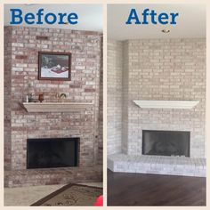 before and after pictures of a brick fireplace