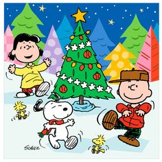 a charlie brown christmas card with peanuts around the tree