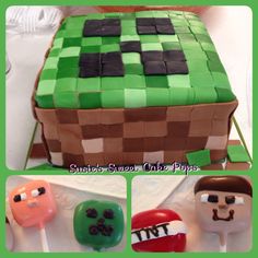 there is a cake made to look like a minecraft creeper and other items