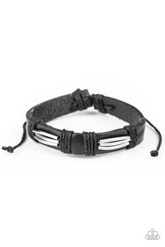 Shiny silver accents are knotted in place across the front of a black leather band around the wrist for an edgy urban look. Features an adjustable sliding knot closure.

 Sold as one individual bracelet. Sliding Knot Bracelet, Trendy Fringe, Adjustable Sliding Knot, Sliding Knot Closure, Black Leather Bracelet, Purple Pearl, Knot Bracelet, Urban Looks, Sliding Knot