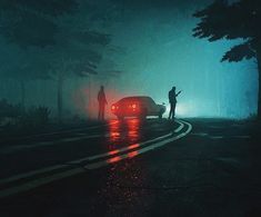 two people standing in the rain next to a car on a rainy road at night