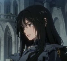 an anime character with long black hair standing in front of a stone building and looking off into the distance