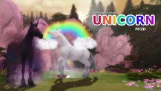 two unicorns standing next to each other in front of trees and rocks with a rainbow behind them