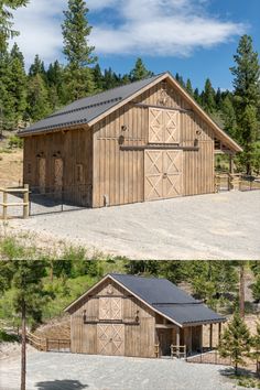 two pictures of an old barn with the doors open