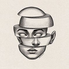 a black and white drawing of a person's face with three faces stacked on top of each other