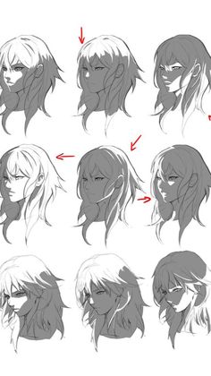 the stages of drawing anime hair with different angles and directions for each character's head