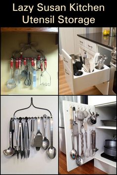 several pictures of kitchen utensils hanging on the wall and in an open cabinet