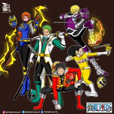 an image of some cartoon characters with different outfits and hair colors, all holding swords