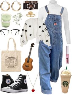 Cute Fall Outfits Overalls, Flowery Outfits Aesthetic, Daisy Aesthetic Outfit, Outfits With Overalls Winter, Overalls Aesthetic Outfit, Girly Outfits Jeans, Outfit Ideas Overalls, Outfits With Overalls, Overalls Outfit Spring