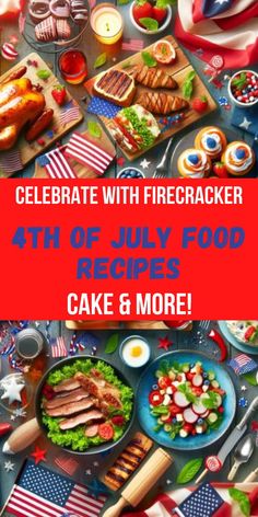 the fourth of july food is on display with an american flag table cloth and plates