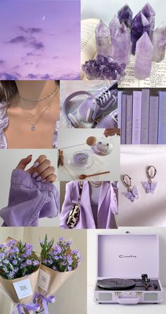 the collage is filled with purple and lavenders, including flowers, jewelry, books, and an old record player