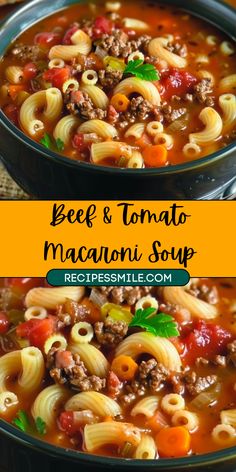 beef and tomato macaroni soup in a blue bowl with the title above it