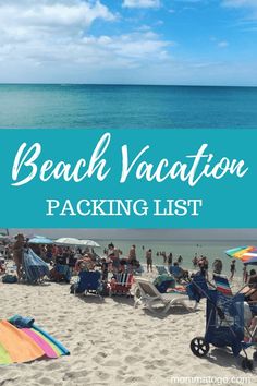 the beach vacation packing list is filled with people, chairs and umbrellas in front of the ocean