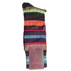 J.M. Dickens London Soft Cotton Made In Peru Peruvian Pima Cotton 65% Peruvian Pima Cotton / 34% Nylon / 1 % Spandex Color: Navy Striped Navy Blue Socks. Stripes Are Orange, Lime Green, Brown, Red, Medium Blue And Navy Blue. Nwt Fitted Multicolor Cotton Socks, Dickens London, Varsity Dress, Socks Stripes, London Men, Bamboo Dress, Stance Socks, Mens Dress Socks, Blue Socks