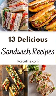 sandwiches with text overlay that reads 13 delicious sandwich recipes