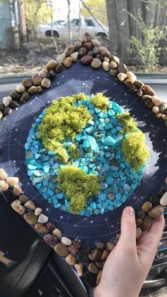 a person holding a plate with rocks and plants on it in front of a car