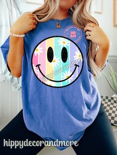 Cute Multicolor Tops With Custom Print, Fun Blue Top With Sublimation Print, Fun Blue Tops With Sublimation Print, Cute Blue T-shirt With Custom Print, Funny Blue Top With Custom Print, Funny Blue Tops With Custom Print, Daisy Smiley Face, Spring Png, Rainbow Daisy