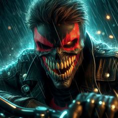 a demonic looking man with red eyes and fangs on his face, in the rain