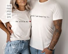 a man and woman standing next to each other wearing t shirts that read svg png jpge dxp