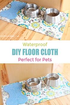 an image of two dog bowls on the floor with waterproof diy floor cloth