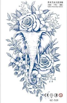 an elephant and roses tattoo design