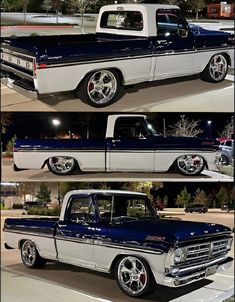 two pictures of an old pickup truck with chrome wheels and rims, one is blue and the other is white