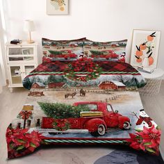 red truck with christmas tree and poinsettis printed on bedding set in white room