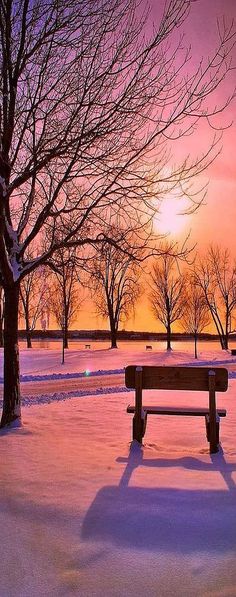 a park bench sitting in the middle of a snow covered field under a pink sky