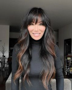 Whispy Front Bangs Long Straight Hair, Long Hair Brunette With Bangs, Bangs Dark Hair Long, Long Layer Blowout Hairstyles, Brown Bangs Black Hair, Edgy Long Haircut Straight, Dark Hair Balayage Bangs, Dark Balayage With Bangs, Long Dark Hair With Bangs Round Face