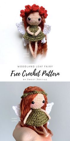 a crocheted doll with red hair and angel wings