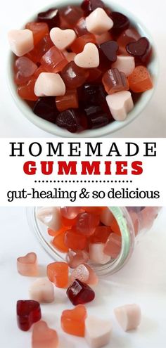 homemade gummy bears in a glass jar with text overlay that reads homemade gummies gut - healing and so delicious