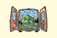 an open van door with mountains in the background