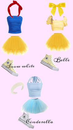 four different types of dresses and shoes with the names below them in english or spanish