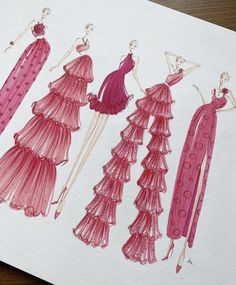 three dresses are drawn on paper with colored pencils and watercolor paints, one is pink and the other is red