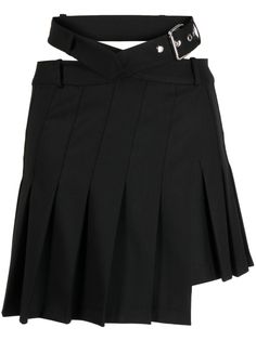 black fully pleated asymmetric design high-waisted belted waist belt loops thigh-length Chic Fitted Pleated Skirt With Belt Loops, Elegant Pleated Skirt With Belt, Chic Asymmetrical Pleated Skirt For Formal Occasions, Pleated Asymmetrical Fitted Mini Skirt, Chic Formal Asymmetrical Pleated Skirt, Fitted Pleated Asymmetrical Mini Skirt, Fitted Asymmetrical Pleated Mini Skirt, Fitted Pleated Skirt With Asymmetrical Hem, Chic Formal Mini Skirt With Accordion Pleats