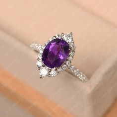 Luo Jewelry, Amethyst Rings, Rings Oval, Original Engagement Rings, Amethyst Ring Engagement, Alexandrite Ring, Amethyst Gem, Party Rings, Purple Band