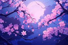 the full moon shines brightly behind cherry blossom trees